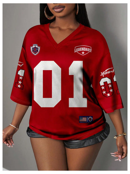 MakeMeChic Women's Jersey Shirts Number Graphic Oversized Y2K Tee Tops White Orange X-Small