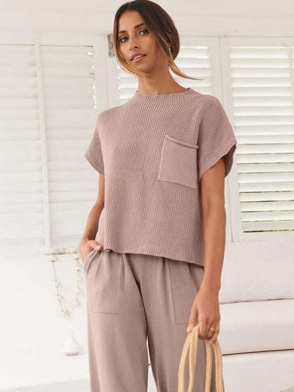 ANRABESS Women's Two Piece Outfits Knit Sweater Vest Crop Top Pants Lounge Matching Tracksuit Sweatsuit Travel Clothes Sets Pink X-Small