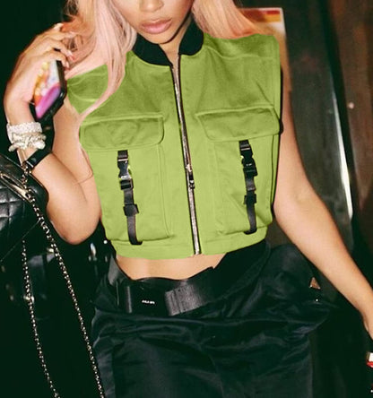 Bnigung Women's Sexy Crop Cargo Vest Sleeveless Buckle Zip Up Vest Jacket Tops Steampunk Streetwear with Pockets(Khaki,XL)