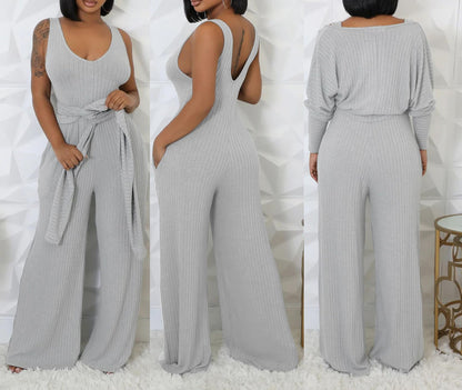 Vakkest Sexy Ribbed Knitted 2 Piece Jumpsuit Outfits for Women Long Sleeve Crop Cardigan Sweater Wide Leg Tank Romper Set