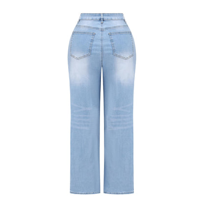THUNDER STAR Womens High Waisted Wide Leg Jeans Stretchy Distressed Denim Pants Light Blue XXL
