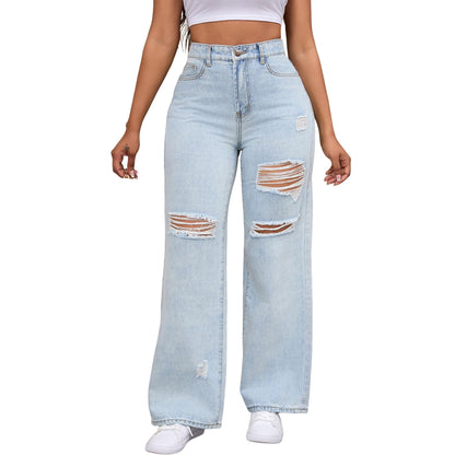THUNDER STAR Womens High Waisted Wide Leg Jeans Stretchy Distressed Denim Pants Light Blue XXL