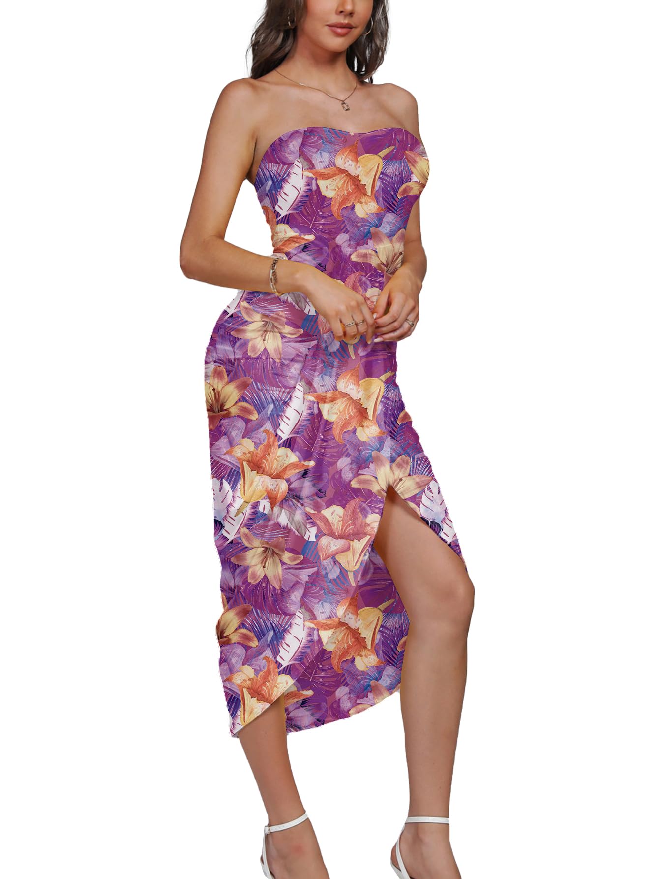 Umenlele Women's Strapless Ruched High Waist Wrap Split Asymmetrical Beach Maxi Long Dress White Floral#3 Small