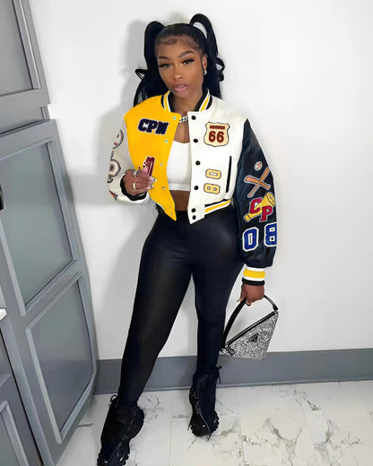 Glitrandi Varsity Jacket for Women Jacket with Patches Cropped Bomber Leather Jacket Woman Winter Spring 2025 S-XXL