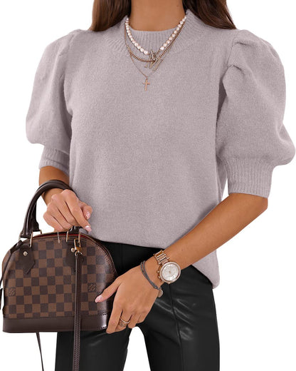 Women's Puff Short Sleeve Sweater Tops 2025 Spring Summer Trendy Crew Neck Casual T Shirts Blouses Beige
