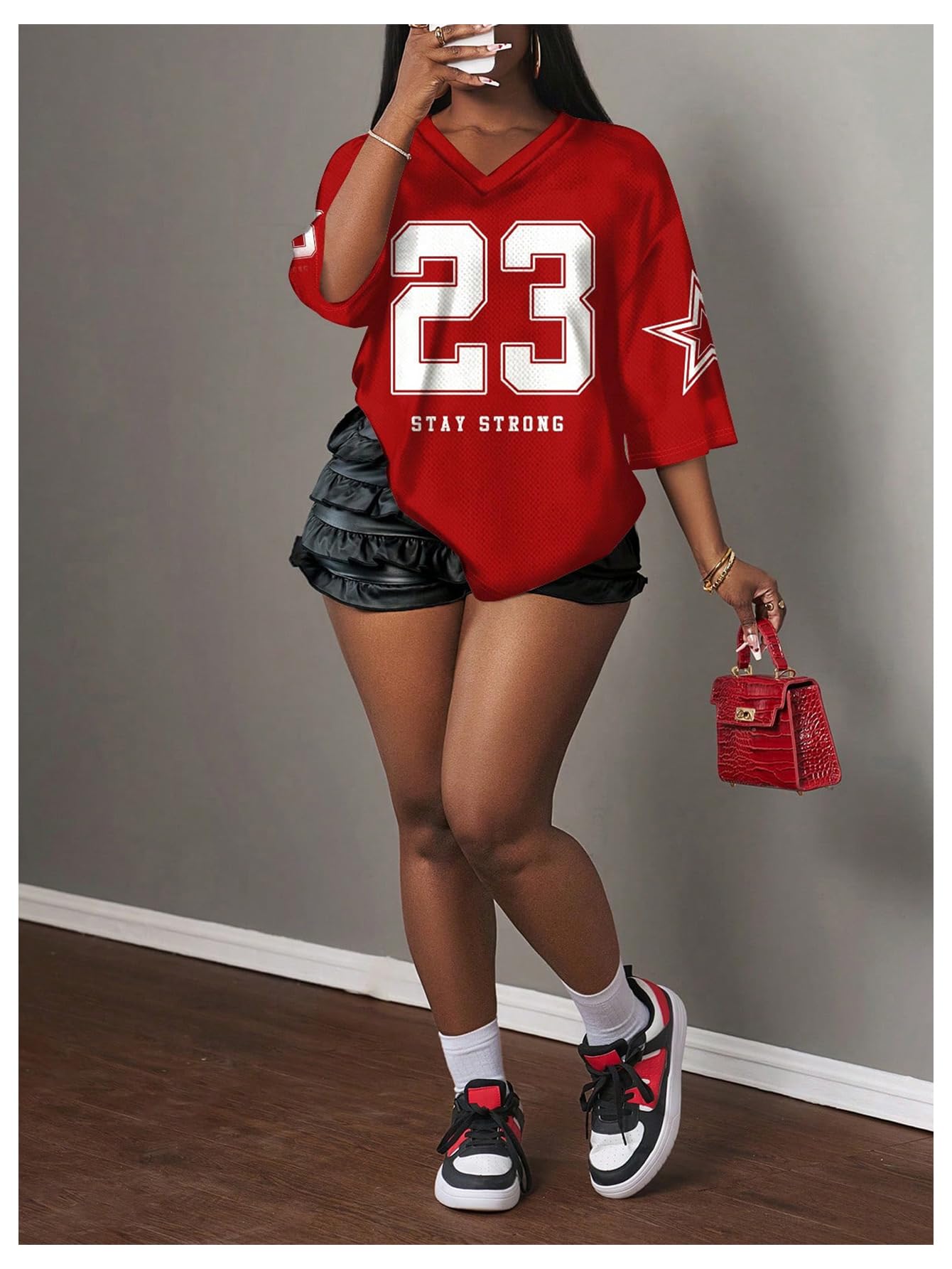 MakeMeChic Women's Jersey Shirts Number Graphic Oversized Y2K Tee Tops White Orange X-Small