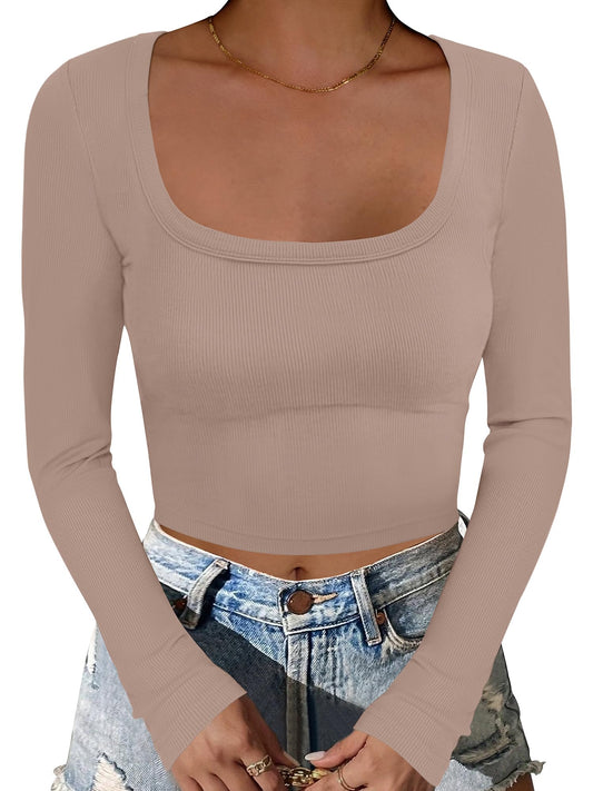 ANRABESS Women's Long Sleeve Crop Top Square Neck Ribbed Slim Fitted Shirts Casual Workout Basic Tees 2025 Fall Y2k Clothes Khaki Small