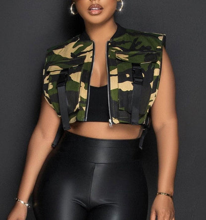 Bnigung Women's Sexy Crop Cargo Vest Sleeveless Buckle Zip Up Vest Jacket Tops Steampunk Streetwear with Pockets(Khaki,XL)