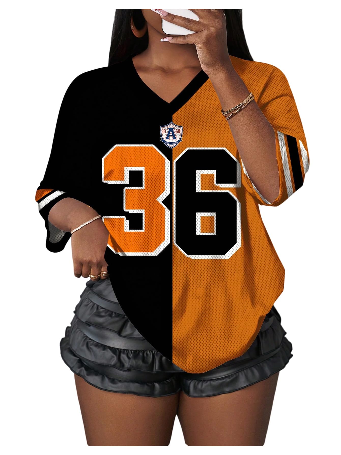 MakeMeChic Women's Jersey Shirts Number Graphic Oversized Y2K Tee Tops White Orange X-Small