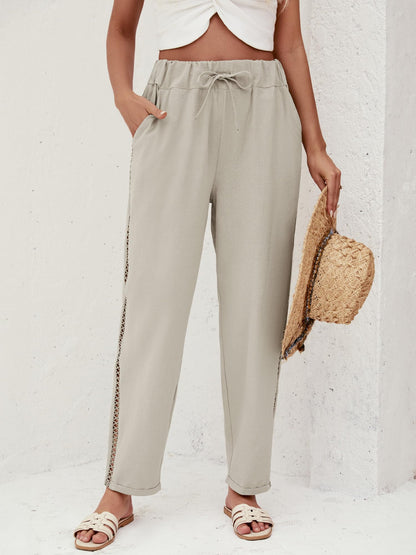 Puimentiua Women's Linen Capri Pants with Drawstring Petite Summer Beachwear Lightweight Elastic Waist Pants, Light Khaki, L