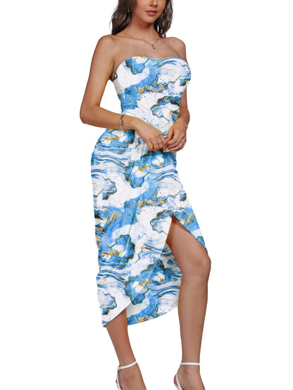 Umenlele Women's Strapless Ruched High Waist Wrap Split Asymmetrical Beach Maxi Long Dress White Floral#3 Small