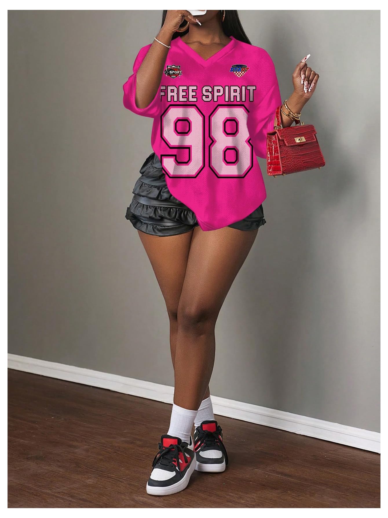 MakeMeChic Women's Jersey Shirts Number Graphic Oversized Y2K Tee Tops White Orange X-Small