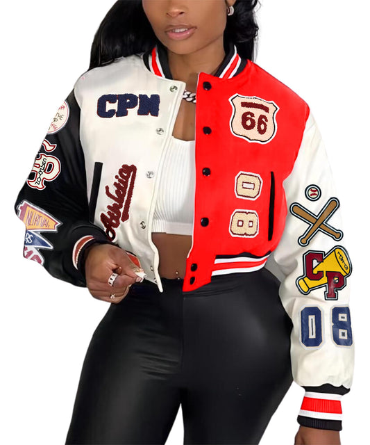 Glitrandi Varsity Jacket for Women Jacket with Patches Cropped Bomber Leather Jacket Woman Winter Spring 2025 S-XXL
