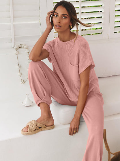 ANRABESS Women's Two Piece Outfits Knit Sweater Vest Crop Top Pants Lounge Matching Tracksuit Sweatsuit Travel Clothes Sets Pink X-Small