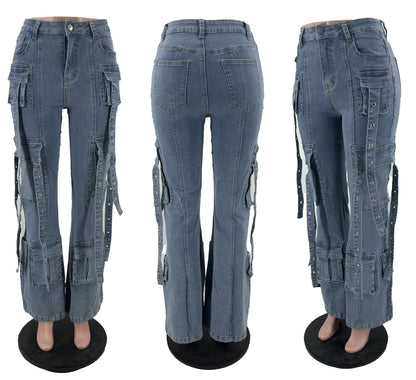 Vakkest Sexy High Waisted Skinny Jeans for Women Bodycon Crossover Stretchy Denim Cargo Pants Streetwear with Pockets