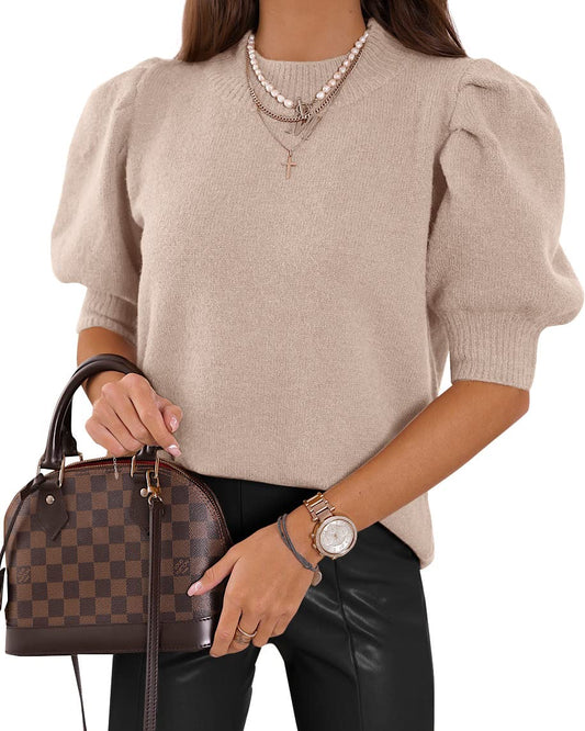 Women's Puff Short Sleeve Sweater Tops 2025 Spring Summer Trendy Crew Neck Casual T Shirts Blouses Beige