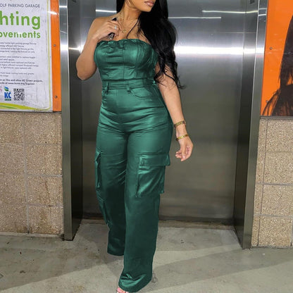 REASERAL Womens PU Leather Jumpsuit Sexy Off the Shoulder Top Tight Waist Cargo Pants Bodysuit