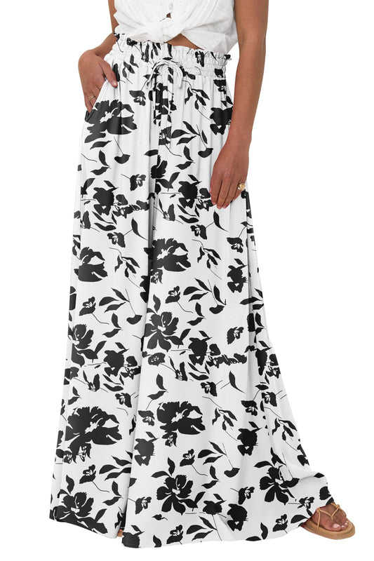 PRETTYGARDEN Women's 2025 Summer Wide Leg Palazzo Pants High Waisted Flowy Pockets Trendy Casual Lounge Boho Beach Trousers (Print Black,Small)