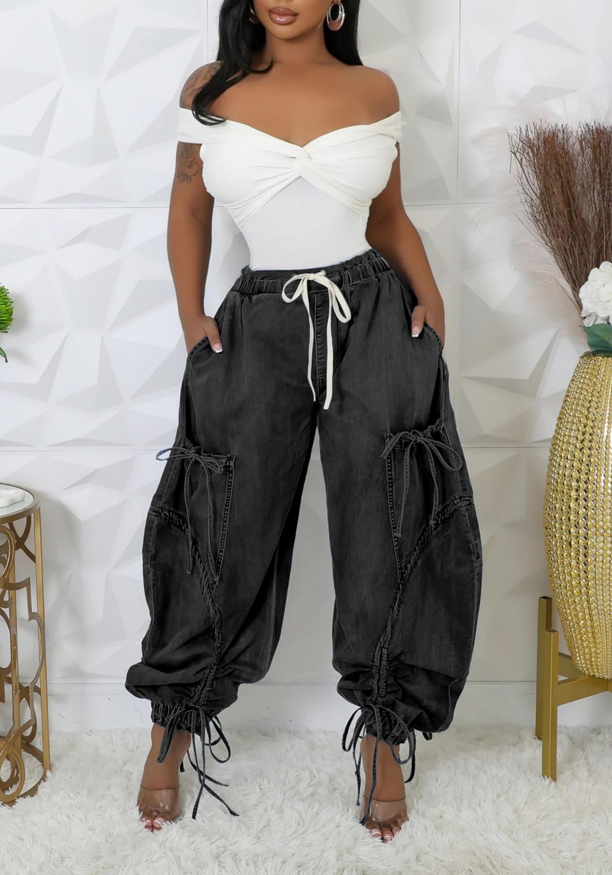 Unybwonn Women Baggy Barrel Jeans High Waisted Y2k Drawstring Bow Tie Cargo Jean Retro Wide Leg Ankle Denim Joggers