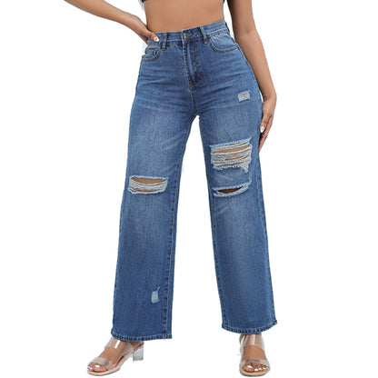 THUNDER STAR Womens High Waisted Wide Leg Jeans Stretchy Distressed Denim Pants Light Blue XXL