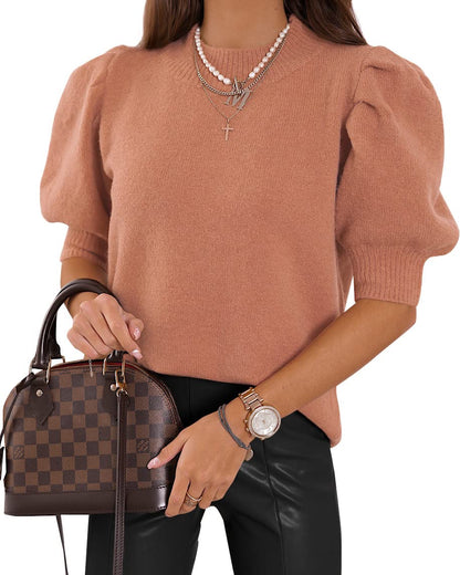 Women's Puff Short Sleeve Sweater Tops 2025 Spring Summer Trendy Crew Neck Casual T Shirts Blouses Beige