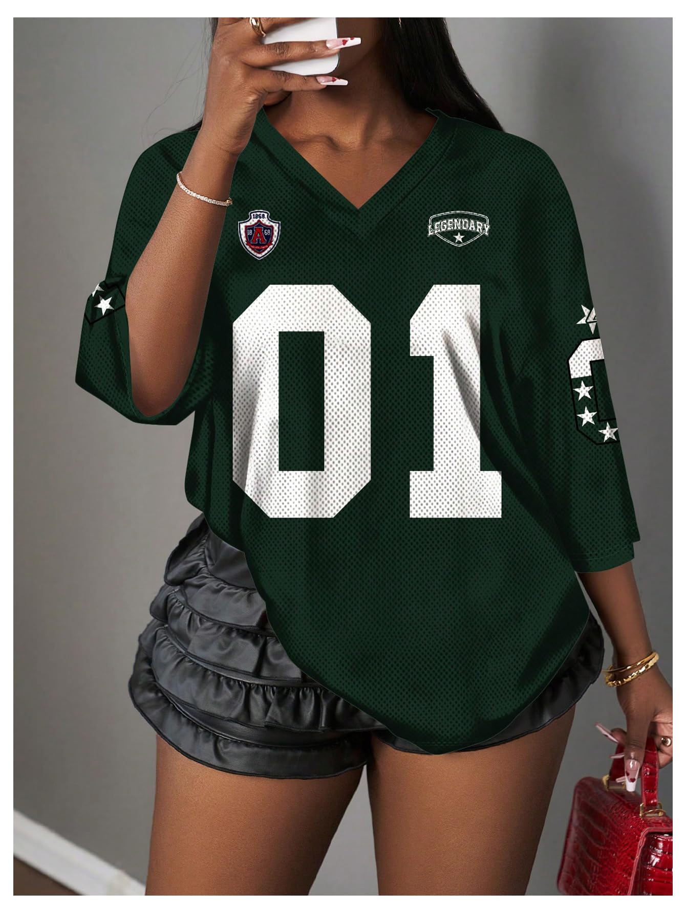 MakeMeChic Women's Jersey Shirts Number Graphic Oversized Y2K Tee Tops White Orange X-Small