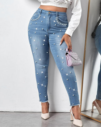 Cyparel Women's Rhinestone Jeans High Waist Pearls Beaded Fringe Tassels Frayed Butt Lifting Stretch Skinny Denim Pants Light Blue