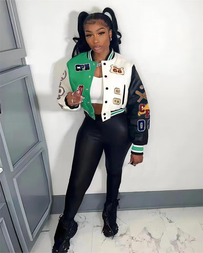 Glitrandi Varsity Jacket for Women Jacket with Patches Cropped Bomber Leather Jacket Woman Winter Spring 2025 S-XXL