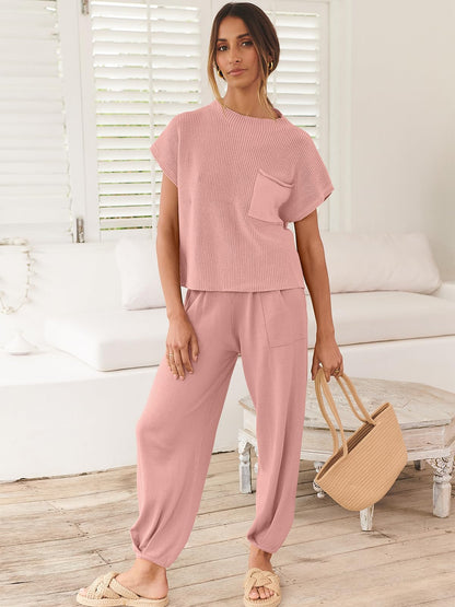 ANRABESS Women's Two Piece Outfits Knit Sweater Vest Crop Top Pants Lounge Matching Tracksuit Sweatsuit Travel Clothes Sets Pink X-Small