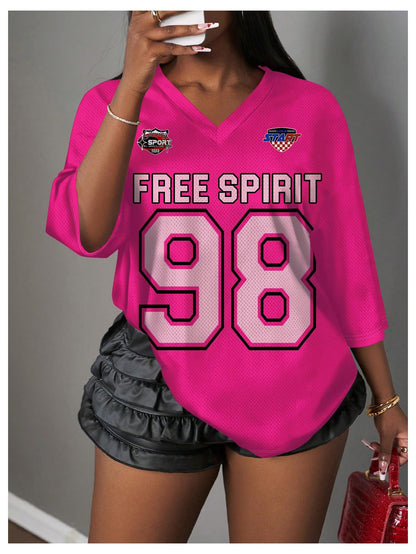 MakeMeChic Women's Jersey Shirts Number Graphic Oversized Y2K Tee Tops White Orange X-Small