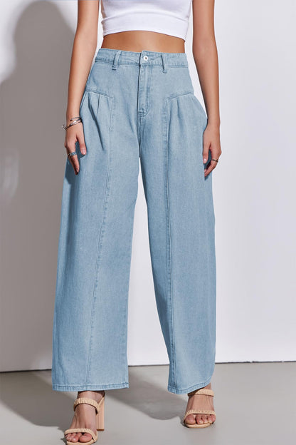 PLNOTME Womens Baggy High Waisted Jeans Loose Boyfriend Wide Leg Side Pleated Denim Pants Blue