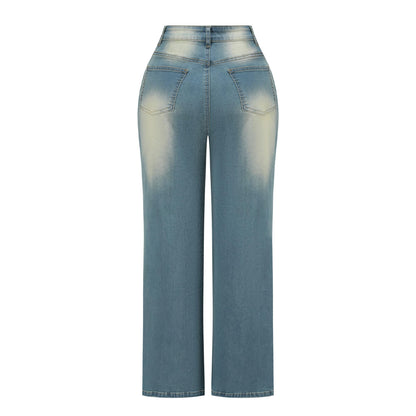 THUNDER STAR Womens High Waisted Wide Leg Jeans Stretchy Distressed Denim Pants Light Blue XXL