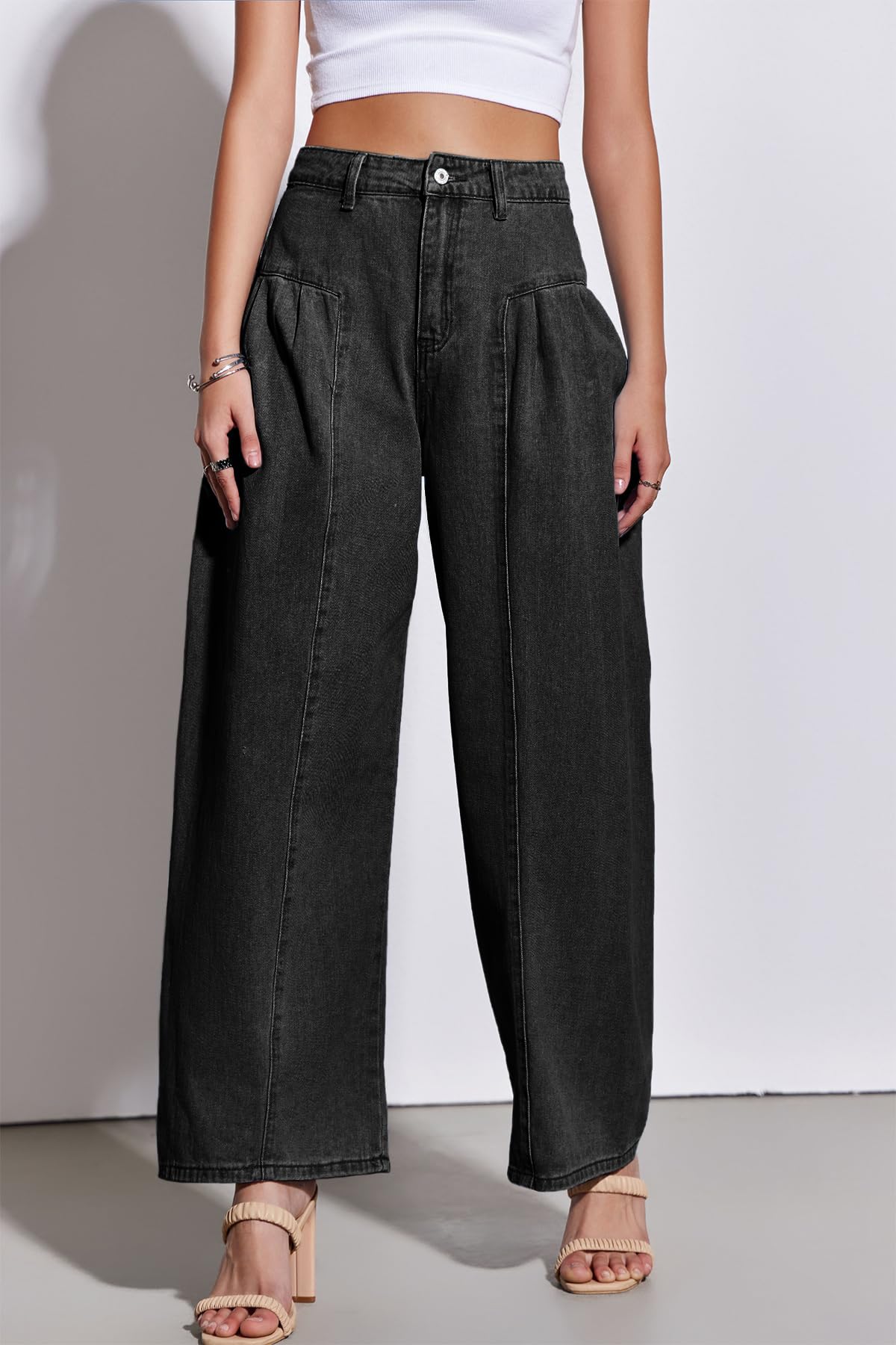 PLNOTME Womens Baggy High Waisted Jeans Loose Boyfriend Wide Leg Side Pleated Denim Pants Blue