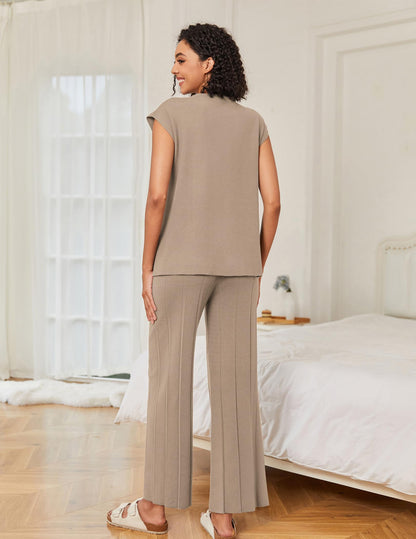 Ekouaer Lounge Sets for Women Two Piece Outfits Knit Cap Sleeve Tops Wide Leg Pleated Pants Casual Dressy Sweater Sets Beige