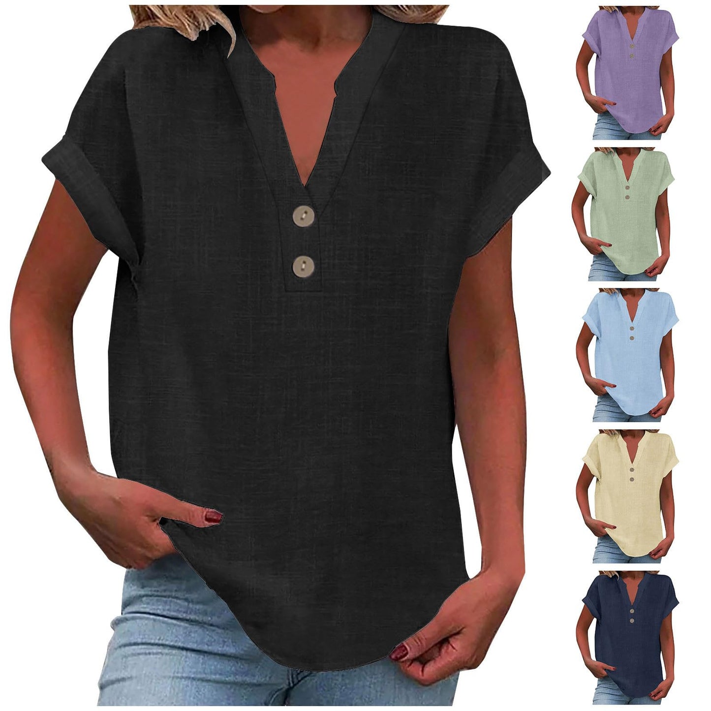 Big Spring Deals Summer Tops for Women 2025 Trendy Short Sleeve Cotton Linen Shirt Casual Button v Neck Tunic Blouses Outfits White Travel Shirts for Women M