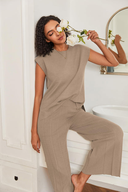 Ekouaer Lounge Sets for Women Two Piece Outfits Knit Cap Sleeve Tops Wide Leg Pleated Pants Casual Dressy Sweater Sets Beige