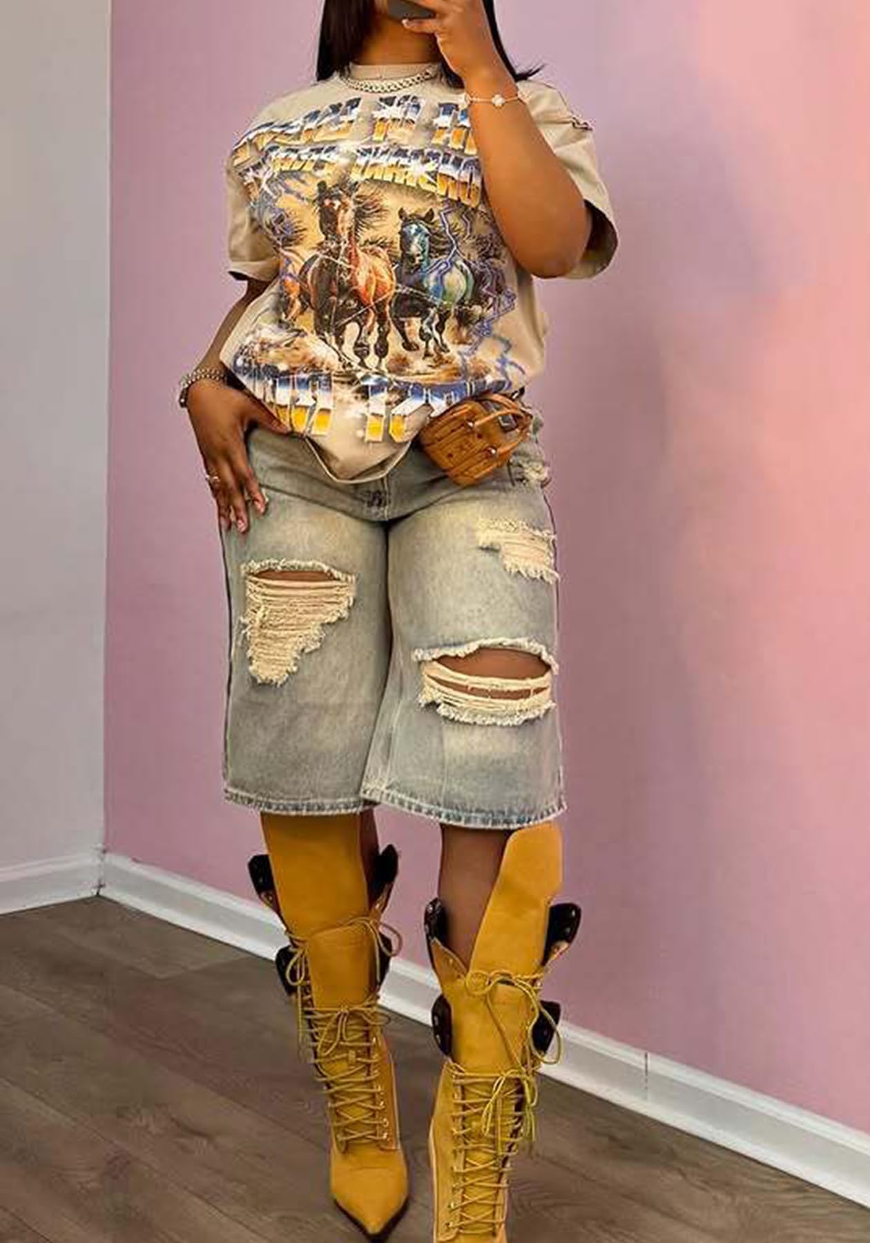 Women's Jean Shorts Distressed High Waist Straight Leg Denim Shorts Casual Cargo Jean Shorts with Pockets