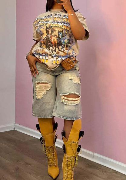 Women's Jean Shorts Distressed High Waist Straight Leg Denim Shorts Casual Cargo Jean Shorts with Pockets