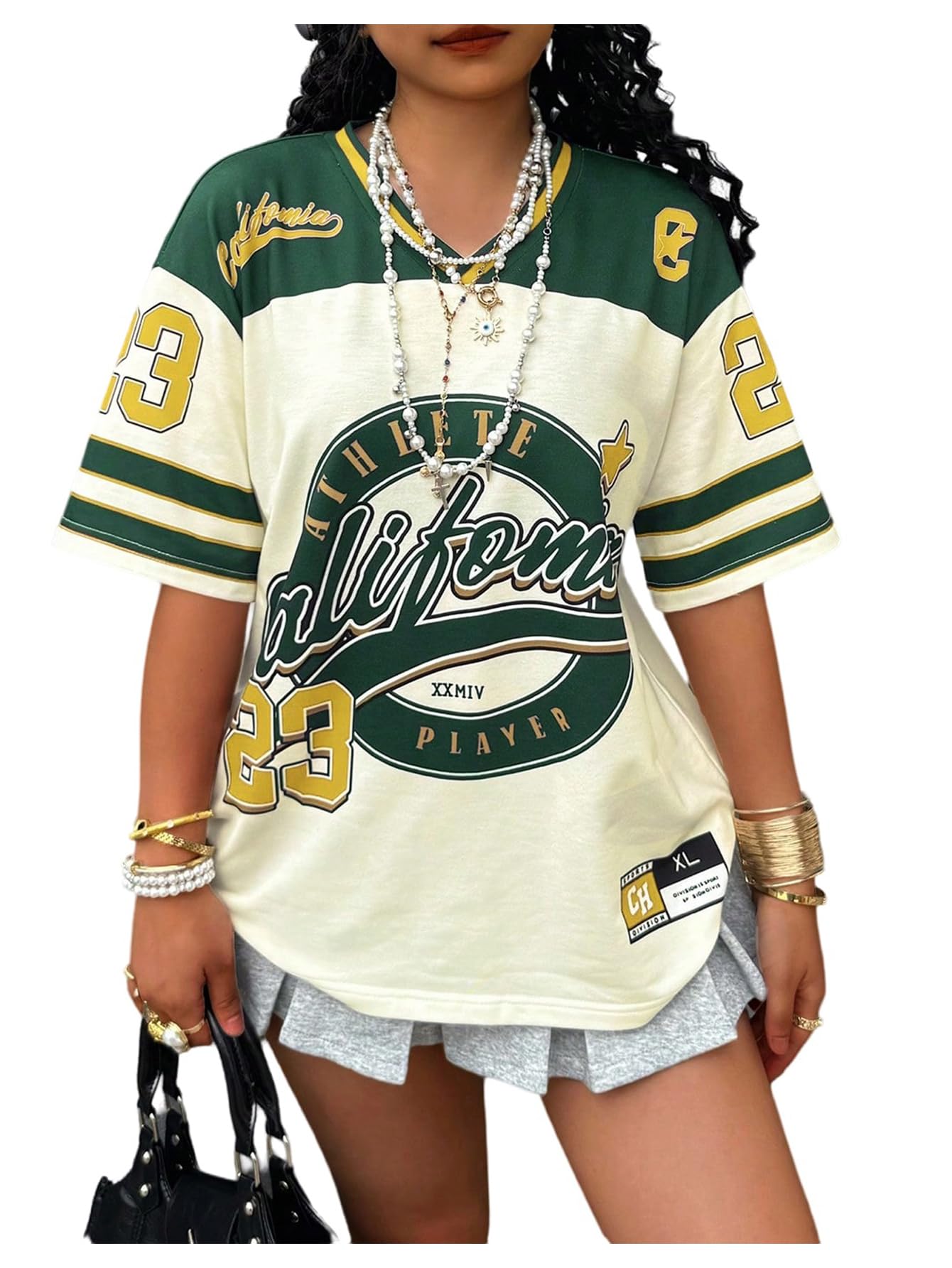 MakeMeChic Women's Jersey Shirts Number Graphic Oversized Y2K Tee Tops White Orange X-Small