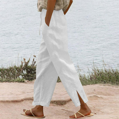 Womens Summer Pants Lightweight Casual Cotton Linen Pants for Women 2025 Summer Gauze Drawstring High Waisted Wide Leg Trousers Beach Vacation Clothes White XL
