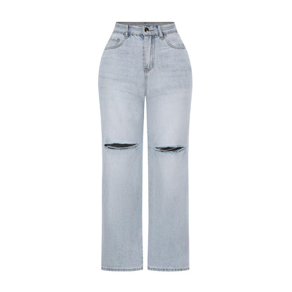 THUNDER STAR Womens High Waisted Wide Leg Jeans Stretchy Distressed Denim Pants Light Blue XXL
