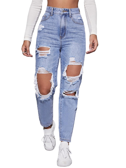 Floerns Women's High Waist Boyfriend Straight Leg Ripped Jeans Distressed Denim Pants Light Blue Large