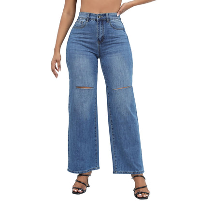 THUNDER STAR Womens High Waisted Wide Leg Jeans Stretchy Distressed Denim Pants Light Blue XXL
