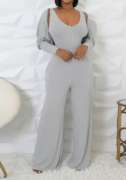 Vakkest Sexy Ribbed Knitted 2 Piece Jumpsuit Outfits for Women Long Sleeve Crop Cardigan Sweater Wide Leg Tank Romper Set