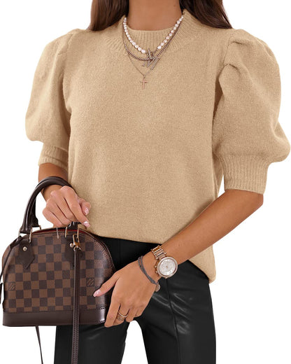 Women's Puff Short Sleeve Sweater Tops 2025 Spring Summer Trendy Crew Neck Casual T Shirts Blouses Beige