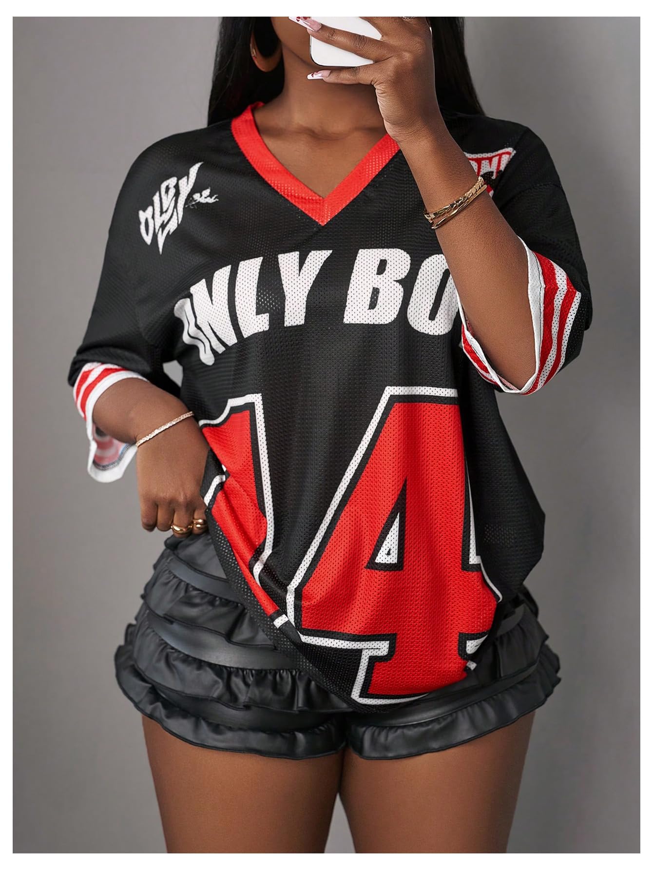 MakeMeChic Women's Jersey Shirts Number Graphic Oversized Y2K Tee Tops White Orange X-Small