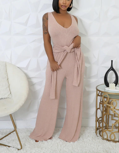 Vakkest Sexy Ribbed Knitted 2 Piece Jumpsuit Outfits for Women Long Sleeve Crop Cardigan Sweater Wide Leg Tank Romper Set