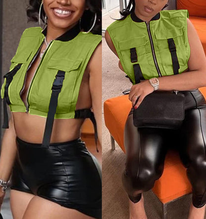 Bnigung Women's Sexy Crop Cargo Vest Sleeveless Buckle Zip Up Vest Jacket Tops Steampunk Streetwear with Pockets(Khaki,XL)