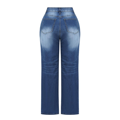 THUNDER STAR Womens High Waisted Wide Leg Jeans Stretchy Distressed Denim Pants Light Blue XXL