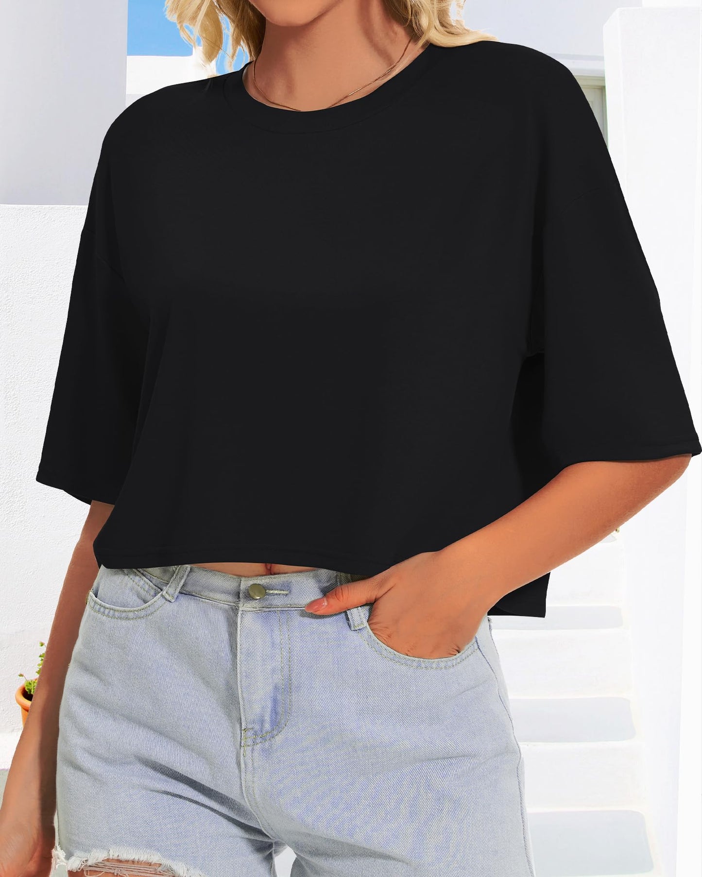 Summer Crop Tops for Womens Casual Half Sleeve Top Loose Fit Short Sleeve T Shirts Workout Oversized Tees(Black,M)